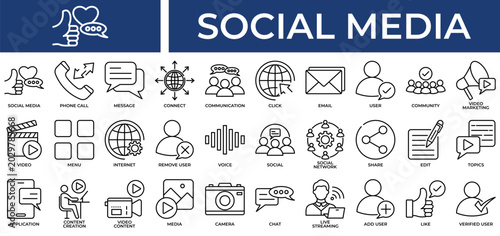 Social Media icon set collection. Containing organization, link, program, share, transfer, creation, email .Line vector icons collection