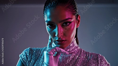 Studio portrait of a woman in a glittering high neck dress with dramatic blue and magenta lighting, sleek hair and intense gaze creating a futuristic fashion mood