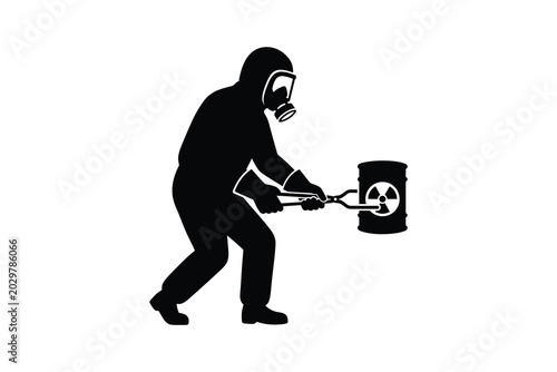 Hazmat Worker Handling Radioactive Waste Barrel With Tongs Black Silhouette Vector Artwork