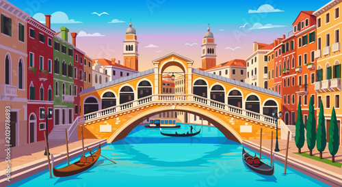 Schilderij op canvas Famous Rialto Bridge in Venice illustration vector artwork, a beloved architectu