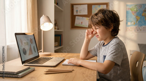 Child showing signs of eye strain during online learning on laptop