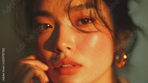 Soft golden light glows gently on her face