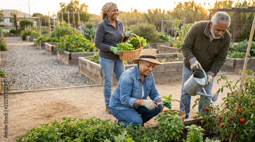 Older adults gardening together for active healthy living