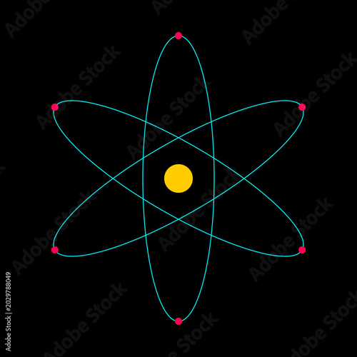 Stylized atomic model with a yellow nucleus and pink electrons orbiting on blue paths illustration