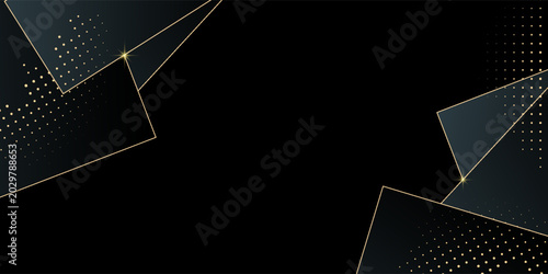 Black Business Paper with Gold Lines. Gold Crystal Luxury Card. Christmas and New Year Square Frame. 3D Abstract Polygon Glitter Cover. Vector illustration