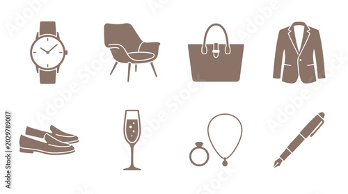 Foto Set of luxury lifestyle icons including watch chair handbag suit shoes glass jewelry and pen