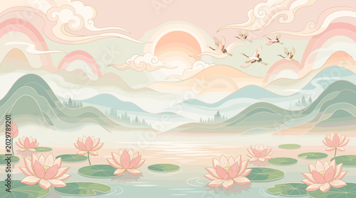 Serene Lotus Pond with Blooming Flowers and Mountain Backdrop.