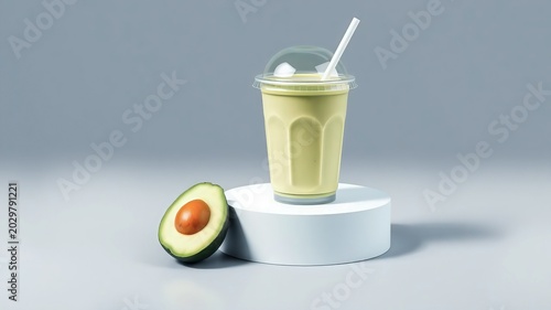 ​Fresh avocado smoothie milkshake in a plastic takeaway cup on a podium