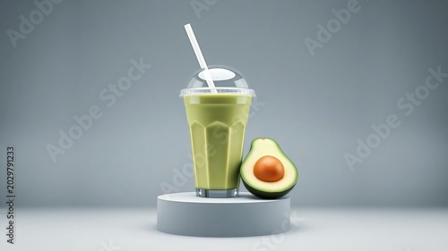 ​Fresh avocado smoothie milkshake in a plastic takeaway cup on a podium