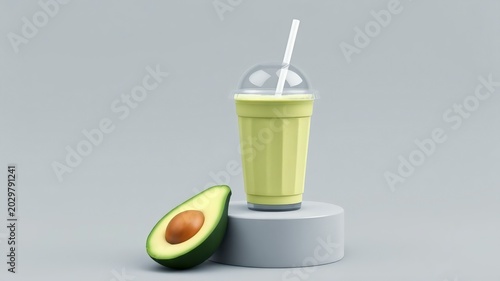 ​Fresh avocado smoothie milkshake in a plastic takeaway cup on a podium