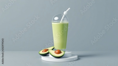 ​Fresh avocado smoothie milkshake in a plastic takeaway cup on a podium