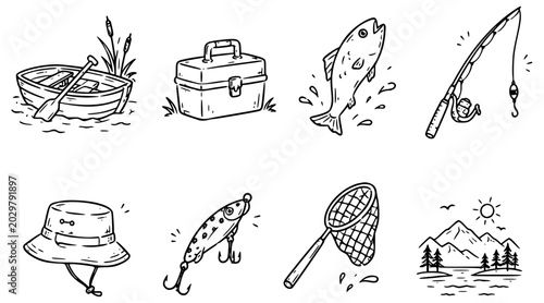 Tableau sur toile Fishing adventure doodle set
