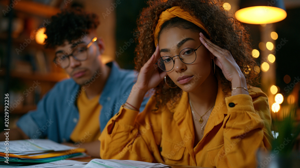 Fototapeta premium A young couple surrounded by color-coded tax folders and receipts spread across a dining table, one partner pressing temples in concentration under warm overhead light, perfect for tax season stress