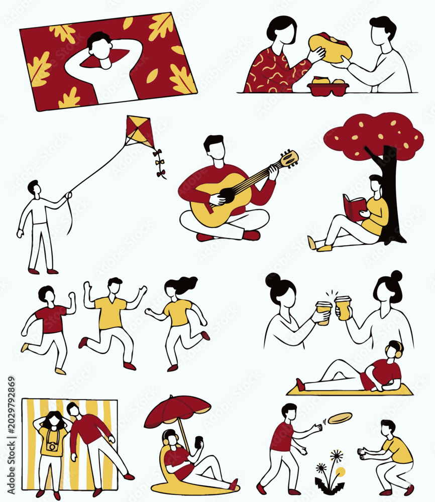 Fototapeta premium Happy Young People Outdoor Activities Set with Guy Playing Guitar and Picnic Scene