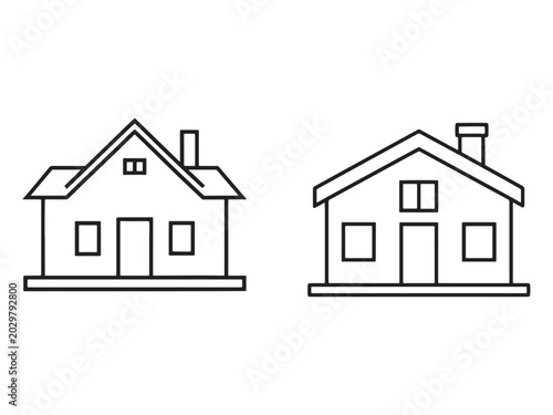 Two simple line drawing house icons with chimneys and single story and two story buildings  basic residential architecture illustrations