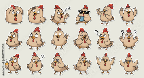Funny Cartoon Chicken Emotes Set, Expressive Farm Bird Stickers with Different Emotions