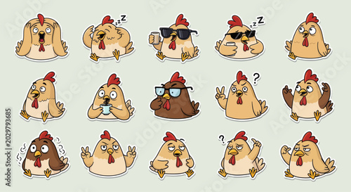Funny Cartoon Chicken Emotes Set: Happy, Sad, Sleepy, Cool, Confused, Drinking Coffee