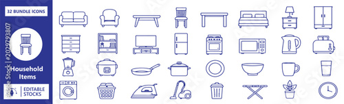 32 Household Items Outline Icons Set – Furniture, Kitchen Appliances and Home Essentials Vector Line Icon Bundle