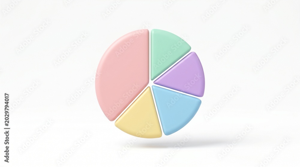Fototapeta premium 3D rendered pastel colored pie chart with five separated slices on a white background, representing data division or allocation.