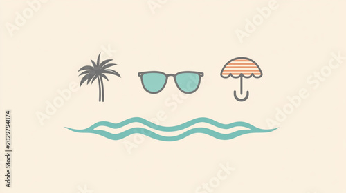 A pair of sunglasses, a small palm tree and a beach umbrella on a warm cream background. A clean, ultra-minimalist banner.