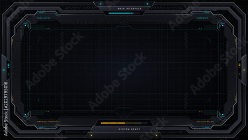 Foto Futuristic dark HUD frame interface with empty central grid panel, cyan node mar