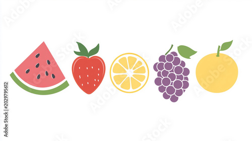Summer fruits: a watermelon wedge, an orange slice, a strawberry, a peach and a grape. A bright banner with a white background.