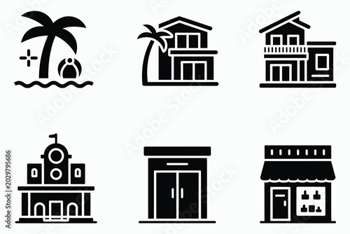 Real estate icon set with black vector silhouettes of tropical beach villa modern residential houses station and store front
