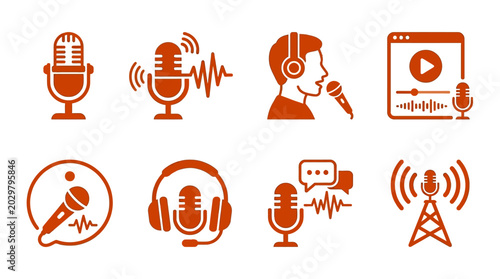 Konstfotografi Set of audio-related icons featuring microphones, headphones, and sound waves in