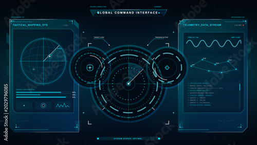 Fotografie Futuristic cyan command HUD interface with tactical globe mapping, circular targ