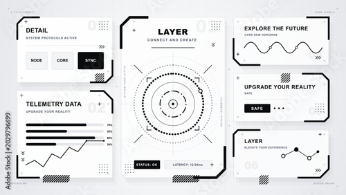 Canvastavla Minimal black and white HUD interface layout with protocol cards, telemetry data
