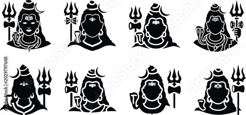 Photos Hindu Deity Shiva Silhouette in Meditation Pose with Trident and Sacred Symbols