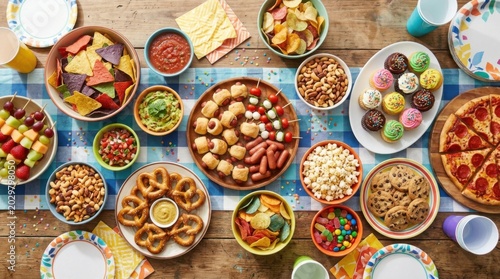 Top view of a diverse festive party food spread on a rustic wooden table.