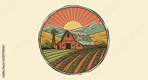 Rustic farm scene with red barn, windmill, fields of crops, and mountains under a vibrant sun