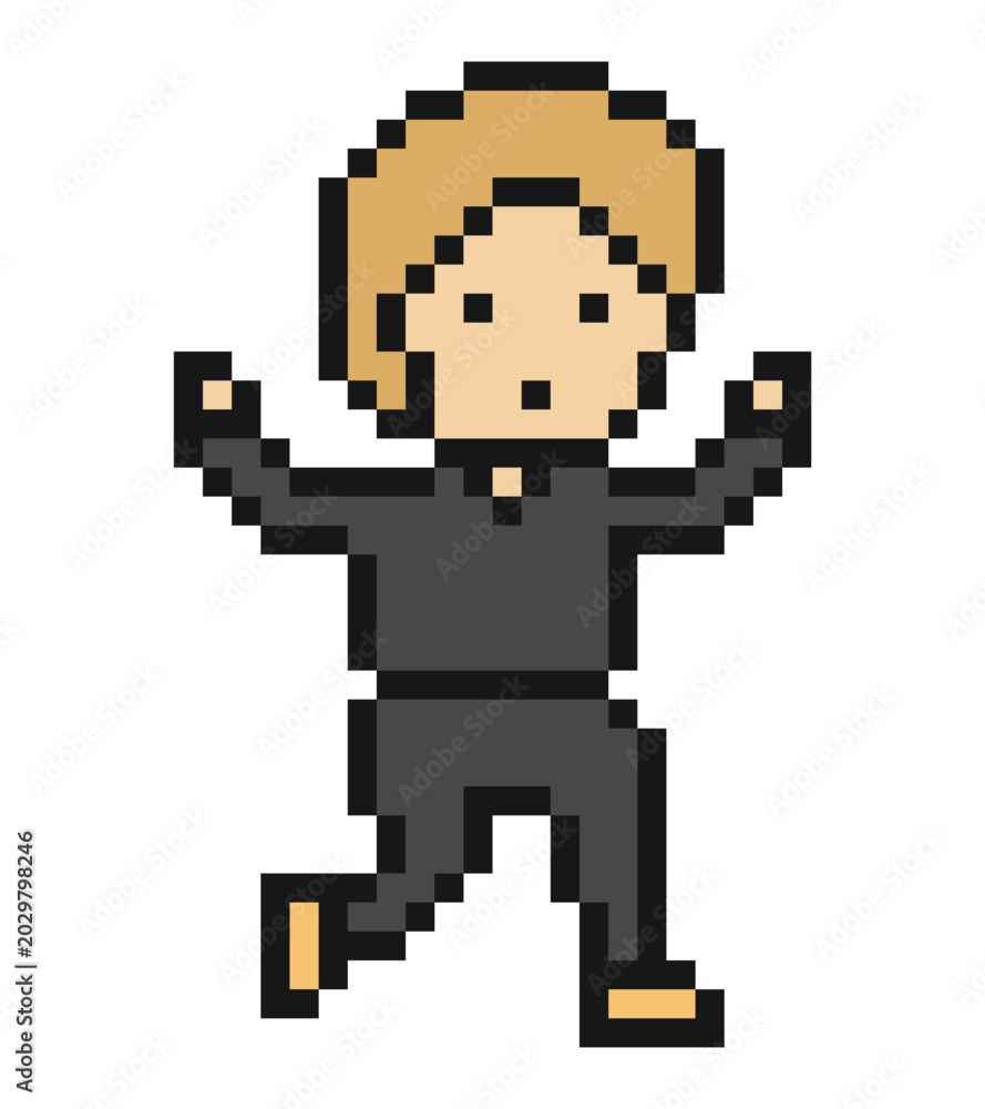 Obraz premium Cute man run marathon exercise in fitness cartoon 8 bit pixel art.