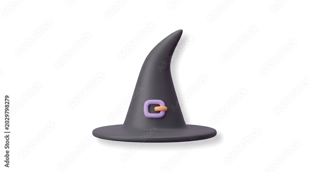 Fototapeta premium 3D cartoon style black witch hat with purple buckle isolated on white background for Halloween