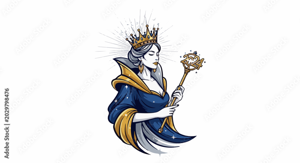 Fototapeta premium Regal woman in ornate crown and blue robe holds a sparkling wand shaped like '2024'