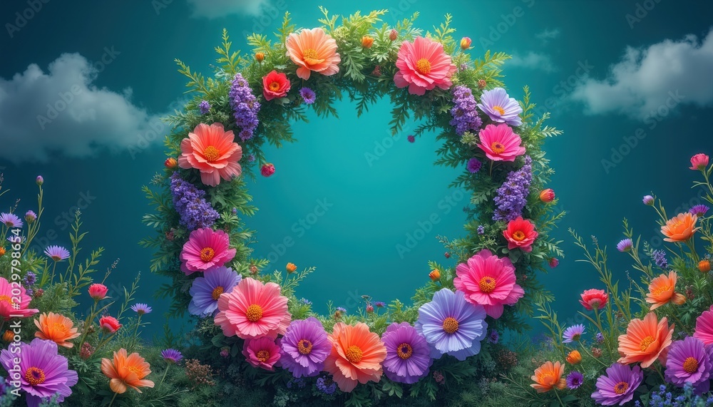 Obraz premium Colorful floral wreath on turquoise background. Rich green leaves and vibrant cosmos flowers create a whimsical border. Tender blossoms bloom with soft clouds above.