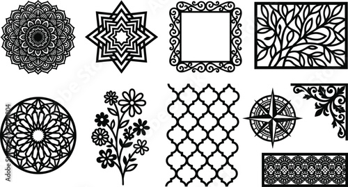Fotografie Black Laser Cut Design Collection Featuring Mandala Star Frame Floral Tree Moroc
