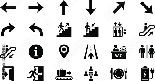 Black Public Space Navigation Icon Set Featuring Directional Arrows Stairs Elevator Restroom Restaurant and Exit Signs