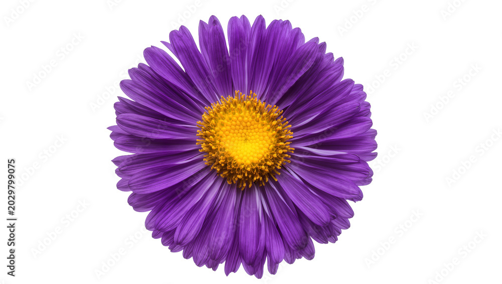 Obraz premium Vibrant purple aster flower with yellow center, isolated on transparent background
