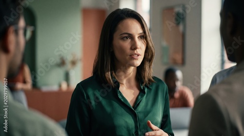 Confident woman speaking to colleagues office meeting woman colleague meeting office conversation discussion business professional teamwork indoor adult female brunette green shirt medium hair
