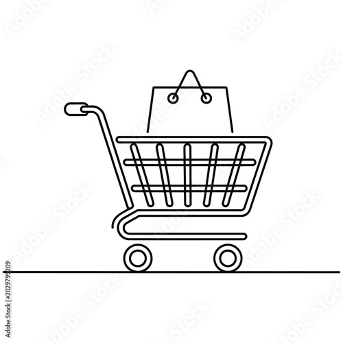 Shopping cart with paper bag line art icon Vector