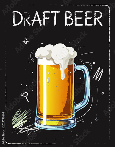  Jarra de cerveza de barril con abundante espuma sobre fondo negro decorativo. Concepto clásico de pub y bebida fría refrescante.
