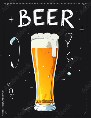  Ilustración de cerveza dorada en vaso alto con espuma cremosa sobre fondo negro decorativo. Concepto de promoción para bar y bebidas artesanales.
