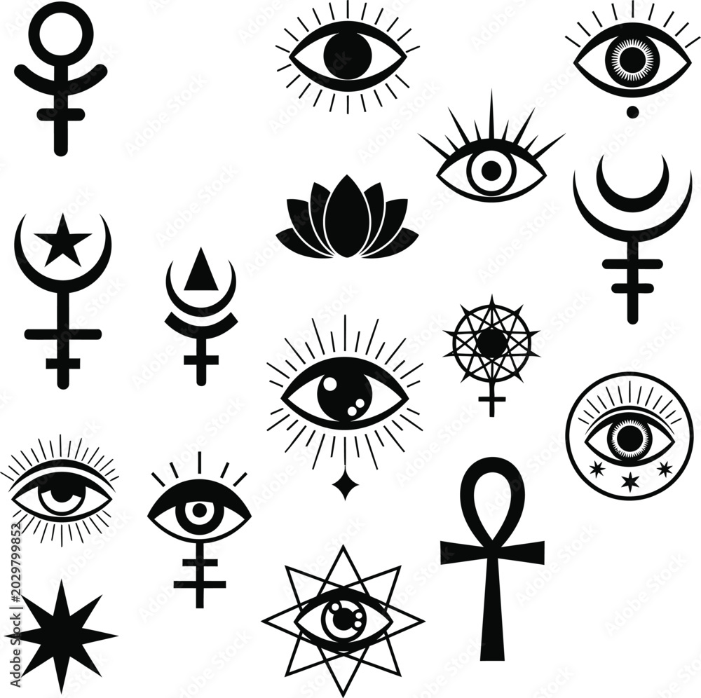 Naklejka premium Mystical and occult symbols set with third eye, lotus, and ankh