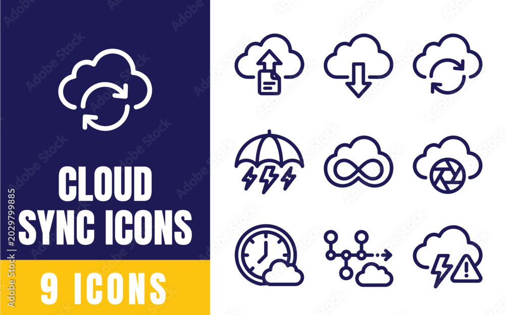 Obraz premium Cloud Sync Icons Set — Upload, Download, Refresh, Thunder, Infinity, Spiral Vector Outline Icons for Data and Tech