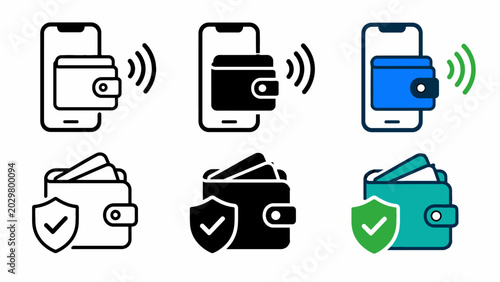 Contactless payment icons: wallet and smartphone illustrations with security symbols