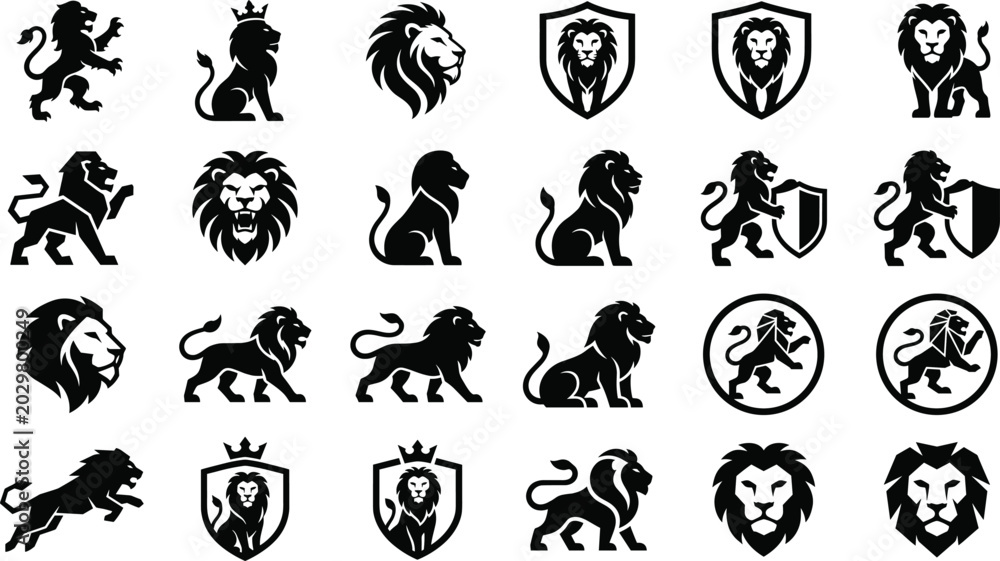 Fototapeta premium Large Collection of Black Lion Silhouette Icons Featuring Heraldic Shields Crowns and Various Majestic Poses