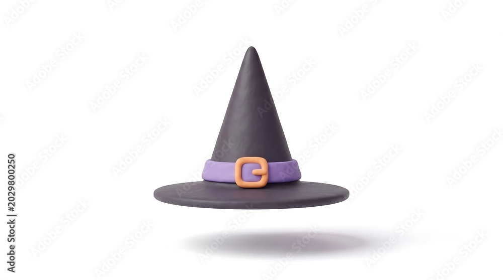 Fototapeta premium 3D stylized black witch hat with purple band and orange buckle isolated on white background