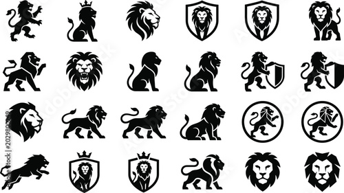 Large Collection of Black Lion Silhouette Icons Featuring Heraldic Shields Crowns and Various Majestic Poses